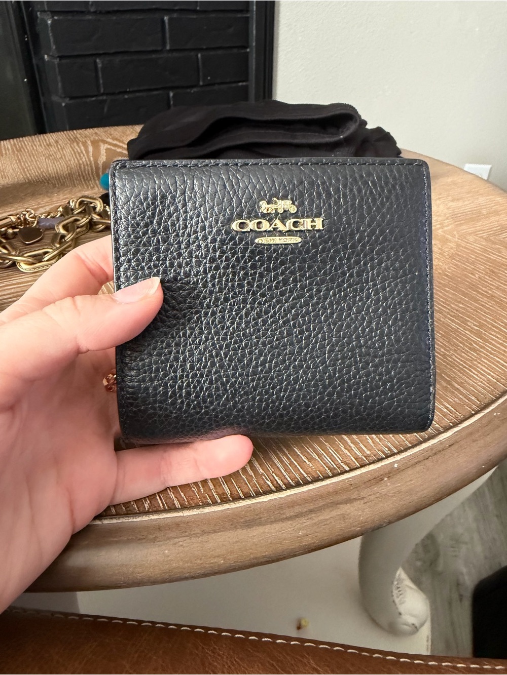 Coach Black Pebbled Leather Bifold Card & Key Holder with Gold Logo